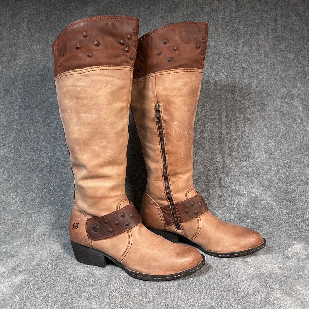 Born Leather Studded Knee High Boots Brown Side Zip Women's Size 7.5